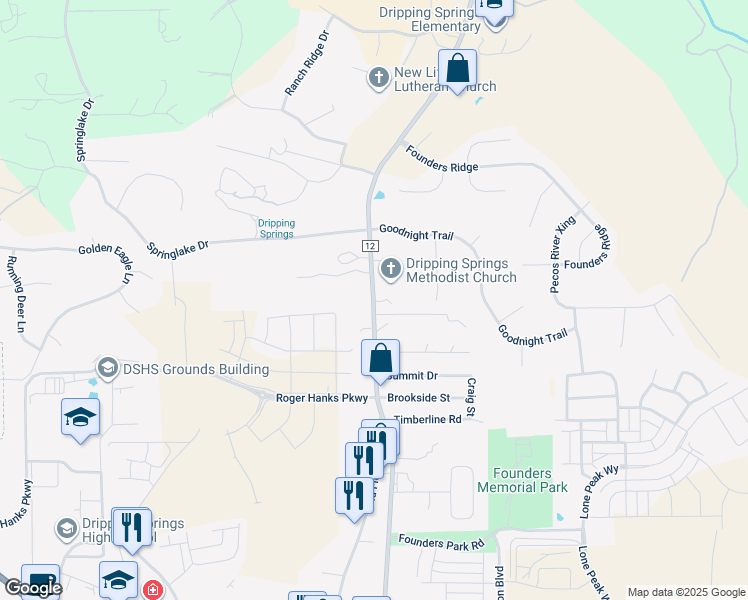 map of restaurants, bars, coffee shops, grocery stores, and more near 28721 Ranch Road 12 in Dripping Springs