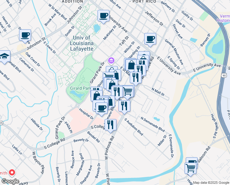 map of restaurants, bars, coffee shops, grocery stores, and more near 229 Heymann Boulevard in Lafayette
