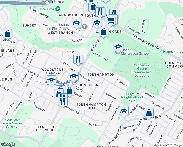 map of restaurants, bars, coffee shops, grocery stores, and more near 3400 Galesburg Drive in Austin