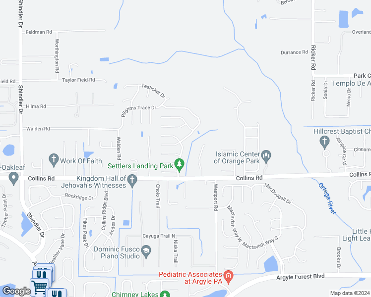 map of restaurants, bars, coffee shops, grocery stores, and more near 7739 Settlers Landing Trail South in Jacksonville