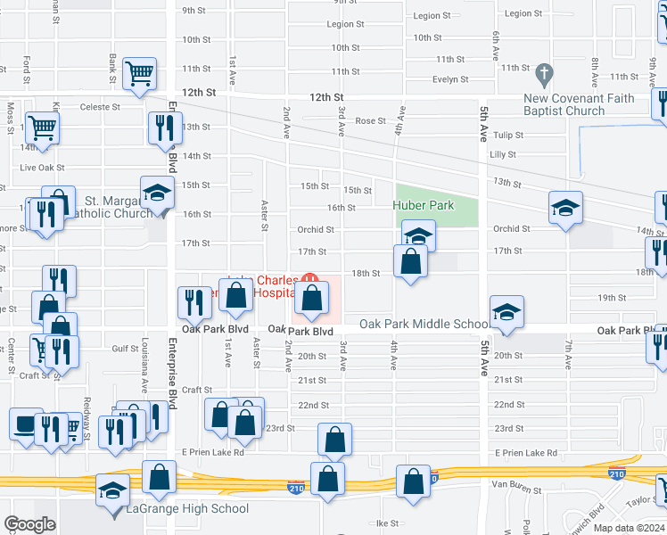 map of restaurants, bars, coffee shops, grocery stores, and more near 1717 18th Street in Lake Charles