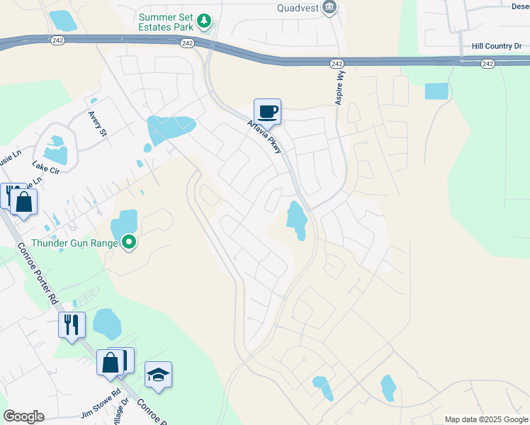 map of restaurants, bars, coffee shops, grocery stores, and more near 15203 Belle Vie Lane in Conroe