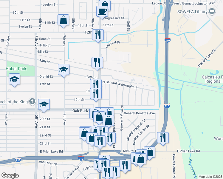 map of restaurants, bars, coffee shops, grocery stores, and more near 2701 General Vandenburg Street in Lake Charles