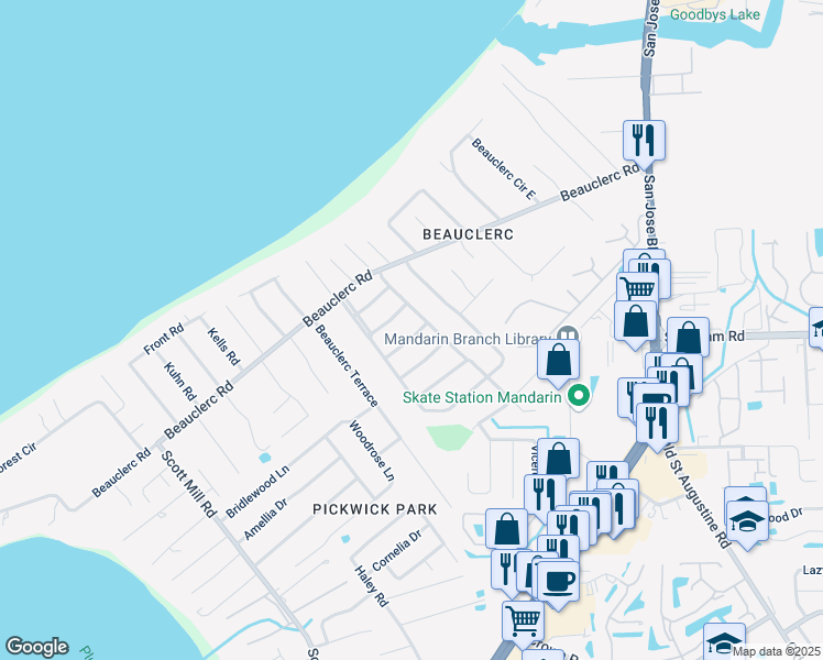 map of restaurants, bars, coffee shops, grocery stores, and more near 3359 Picadilly Lane in Jacksonville