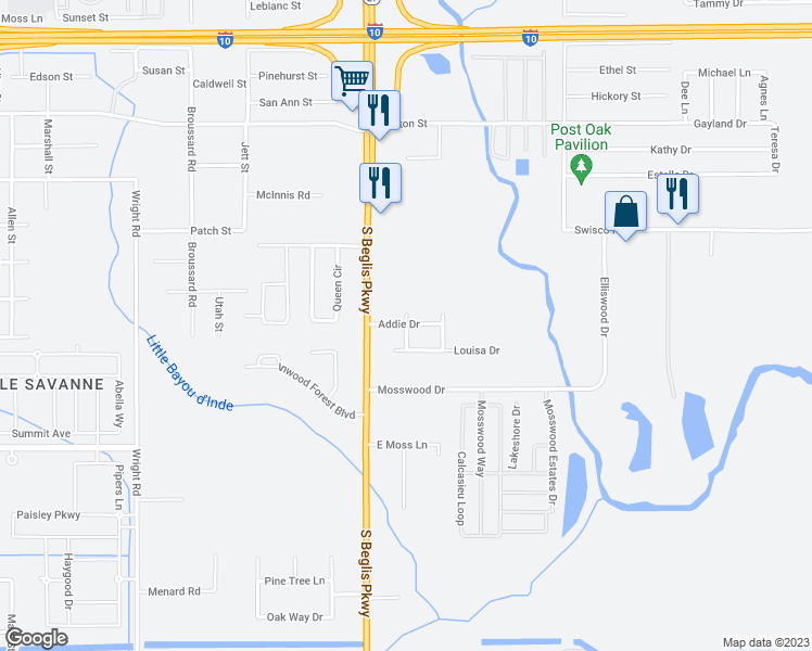 map of restaurants, bars, coffee shops, grocery stores, and more near Harry Drive in Sulphur