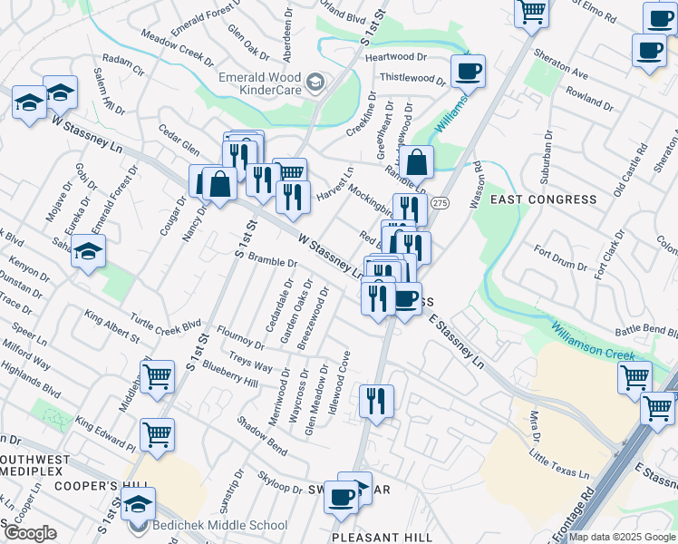 map of restaurants, bars, coffee shops, grocery stores, and more near 302 Bramble Drive in Austin