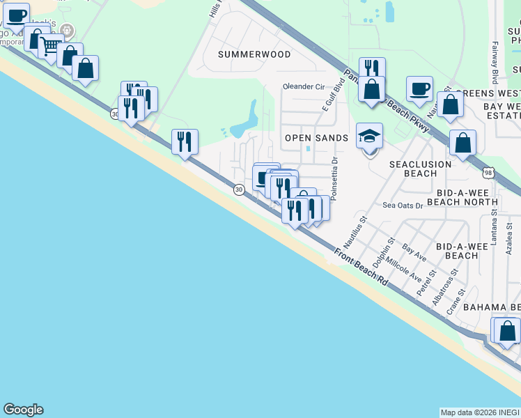 map of restaurants, bars, coffee shops, grocery stores, and more near 14666 Front Beach Road in Panama City Beach