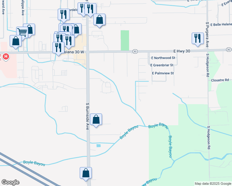 map of restaurants, bars, coffee shops, grocery stores, and more near 2824 South Burnside Avenue in Gonzales
