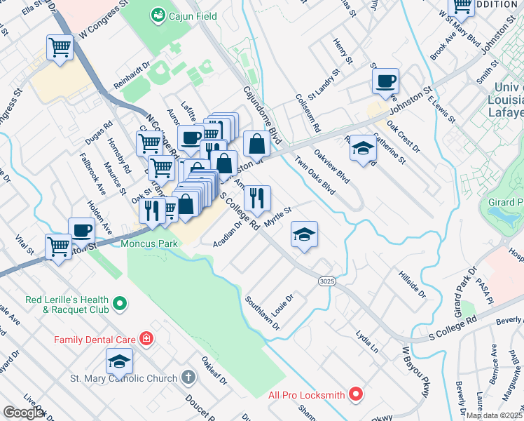 map of restaurants, bars, coffee shops, grocery stores, and more near 117 South College Road in Lafayette