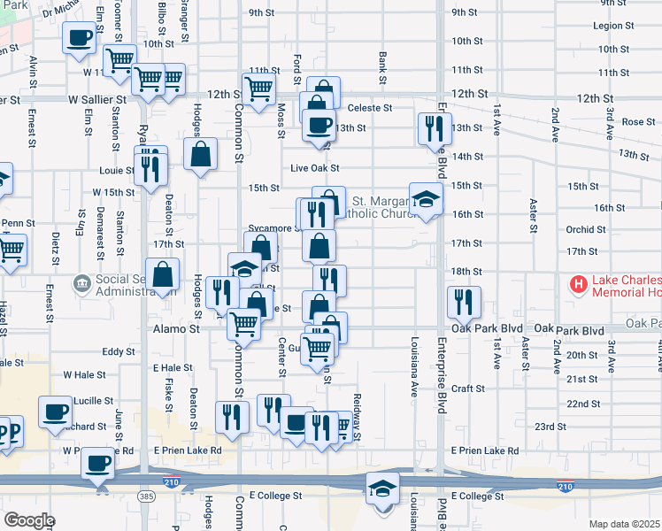 map of restaurants, bars, coffee shops, grocery stores, and more near 2708 Kirkman Street in Lake Charles
