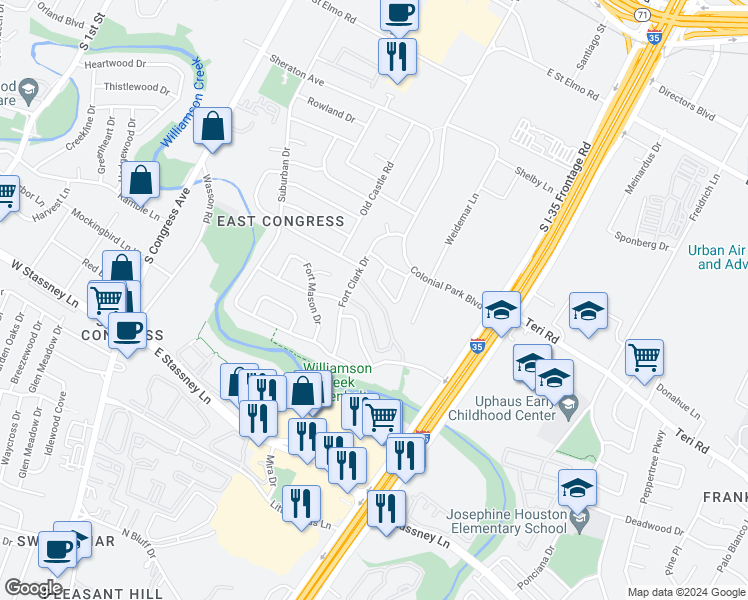 map of restaurants, bars, coffee shops, grocery stores, and more near 5127 Fort Clark Drive in Austin