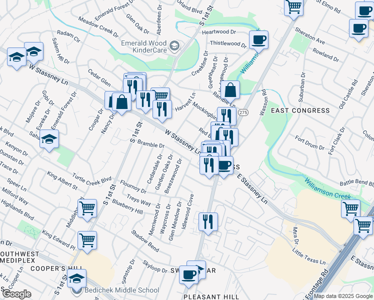 map of restaurants, bars, coffee shops, grocery stores, and more near 302 Bramble Drive in Austin