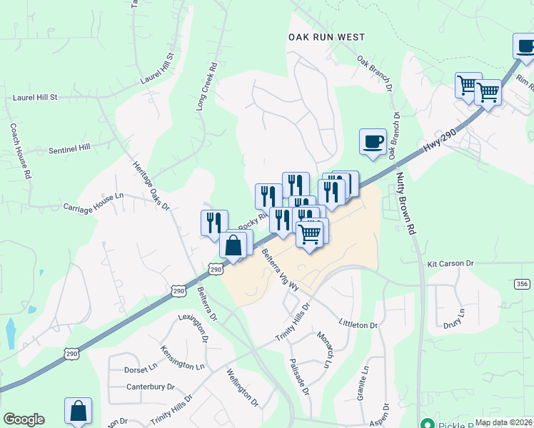 map of restaurants, bars, coffee shops, grocery stores, and more near Rocky Ridge Trail in Hays County