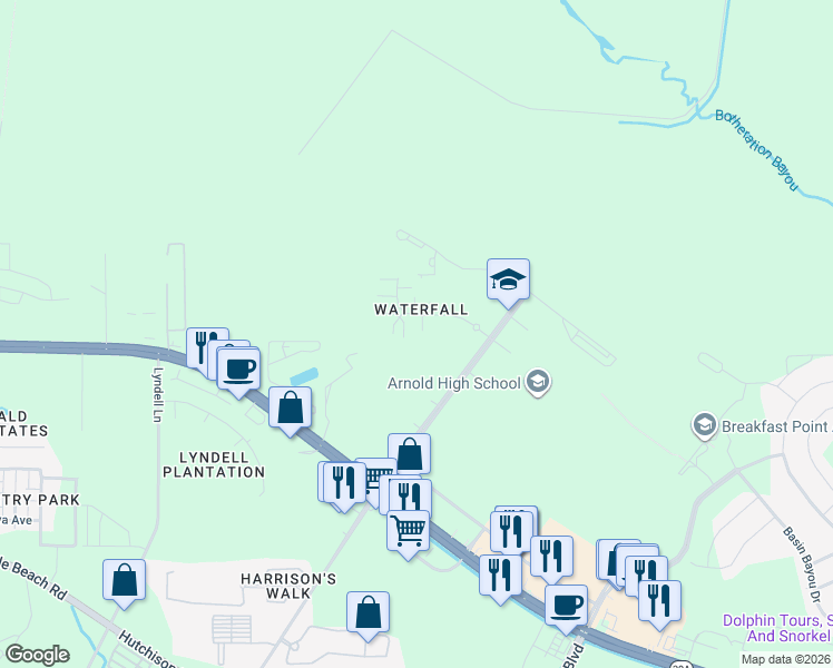 map of restaurants, bars, coffee shops, grocery stores, and more near 113 Barefoot Falls in Panama City Beach
