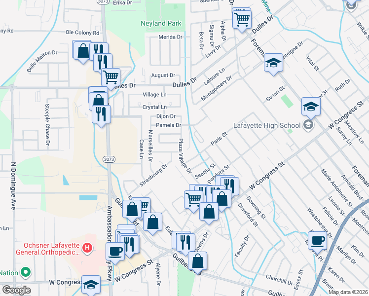 map of restaurants, bars, coffee shops, grocery stores, and more near 147 East Pamela Drive in Lafayette