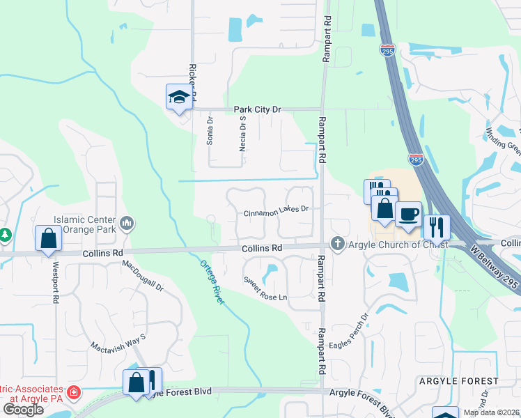 map of restaurants, bars, coffee shops, grocery stores, and more near 7804 Allspice Circle East in Jacksonville