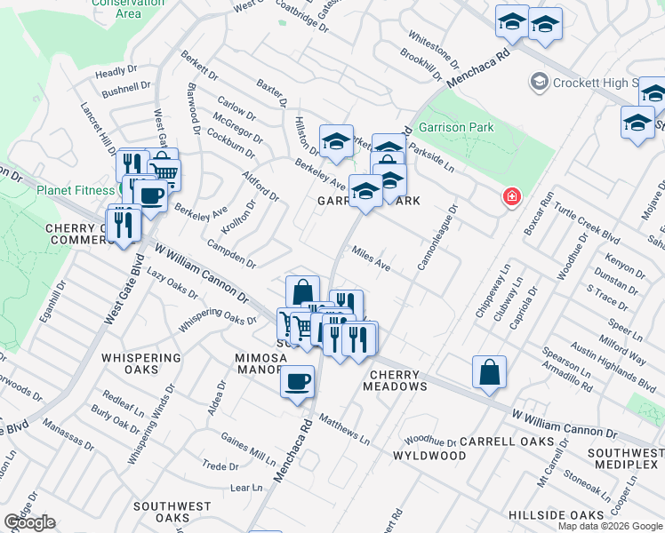 map of restaurants, bars, coffee shops, grocery stores, and more near 6708 Menchaca Road in Austin