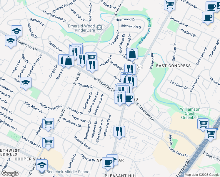 map of restaurants, bars, coffee shops, grocery stores, and more near 302 Bramble Drive in Austin