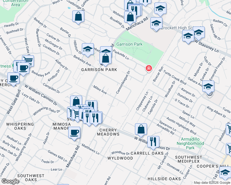 map of restaurants, bars, coffee shops, grocery stores, and more near 6504 Cannonleague Drive in Austin