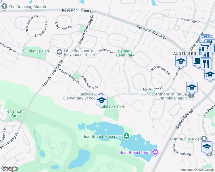 map of restaurants, bars, coffee shops, grocery stores, and more near 5000 South Alden Bridge Drive in The Woodlands