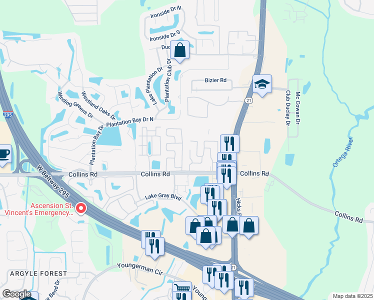 map of restaurants, bars, coffee shops, grocery stores, and more near 6221 Collins Road in Jacksonville