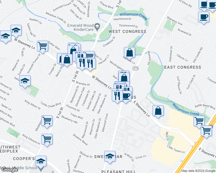 map of restaurants, bars, coffee shops, grocery stores, and more near 302 Bramble Drive in Austin