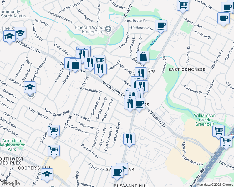 map of restaurants, bars, coffee shops, grocery stores, and more near 302 Bramble Drive in Austin