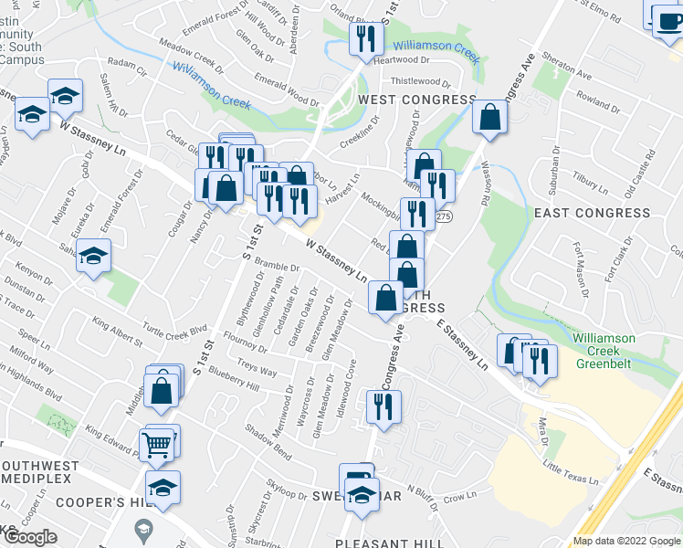 map of restaurants, bars, coffee shops, grocery stores, and more near 302 Bramble Drive in Austin