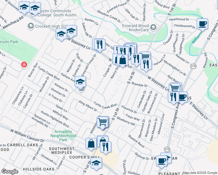 map of restaurants, bars, coffee shops, grocery stores, and more near 804 Leisure Run Cove in Austin