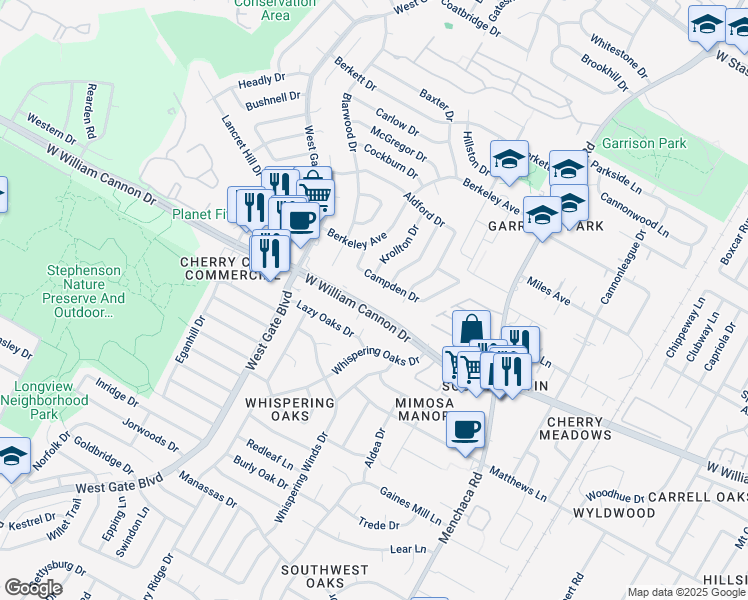 map of restaurants, bars, coffee shops, grocery stores, and more near 2501 West William Cannon Drive in Austin