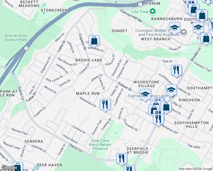 map of restaurants, bars, coffee shops, grocery stores, and more near 8206 Los Ranchos Drive in Austin