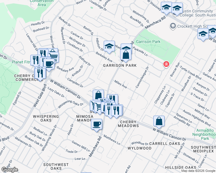 map of restaurants, bars, coffee shops, grocery stores, and more near 6704 Manchaca Road in Austin