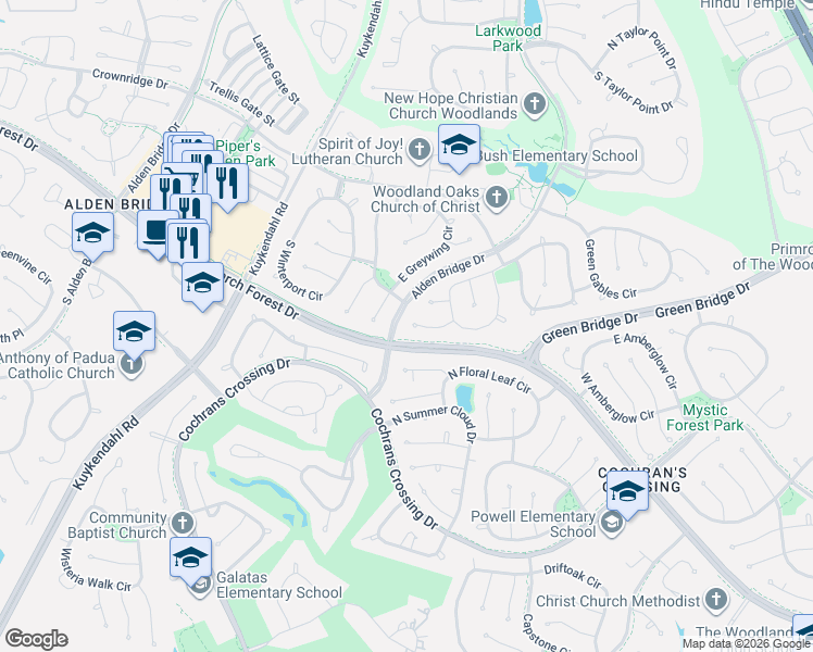 map of restaurants, bars, coffee shops, grocery stores, and more near Research Forest Drive in The Woodlands