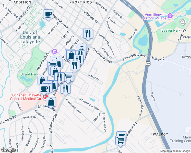 map of restaurants, bars, coffee shops, grocery stores, and more near 408 North Mall Street in Lafayette
