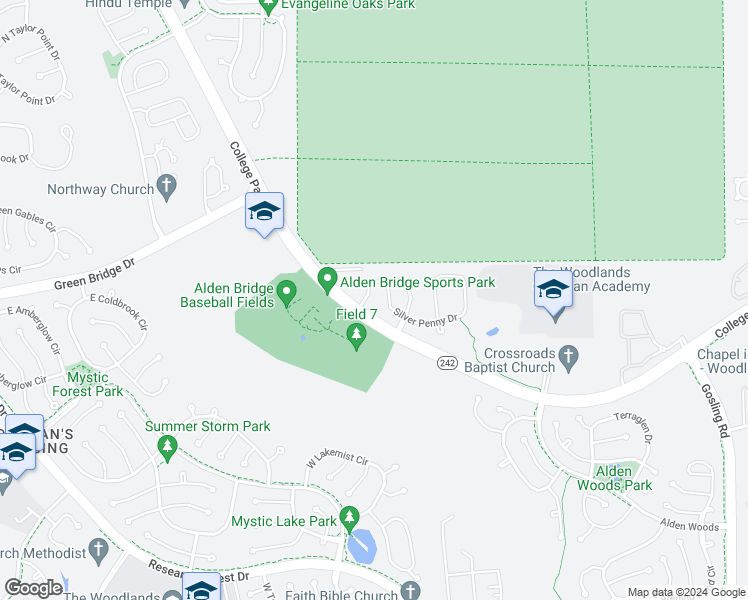 map of restaurants, bars, coffee shops, grocery stores, and more near 10 Valewood Place in Conroe