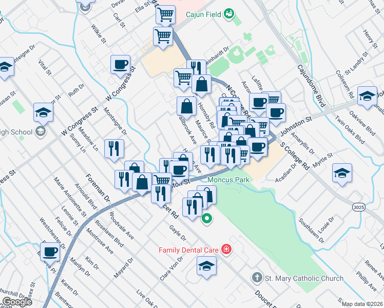 map of restaurants, bars, coffee shops, grocery stores, and more near 147 Shady Oaks Drive in Lafayette