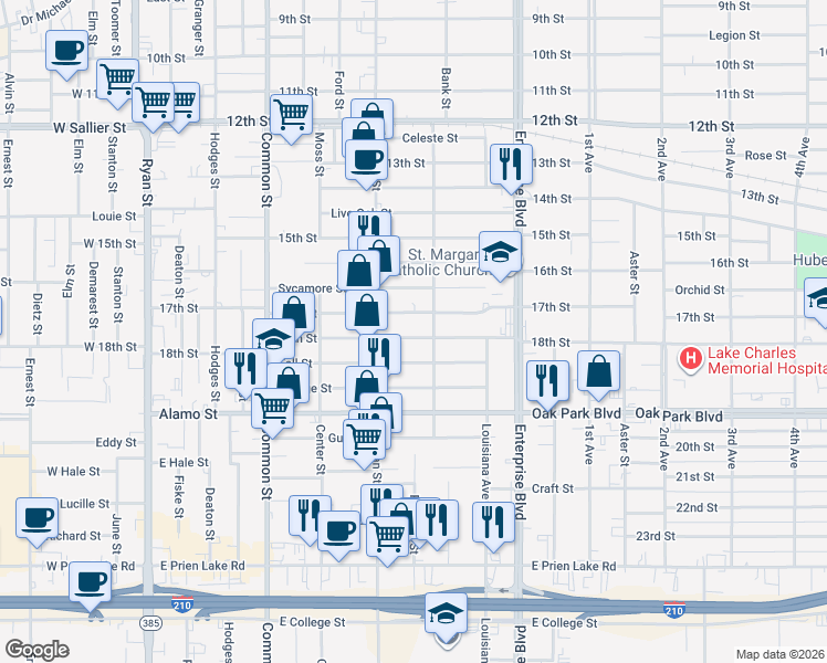 map of restaurants, bars, coffee shops, grocery stores, and more near 903 Fall Street in Lake Charles