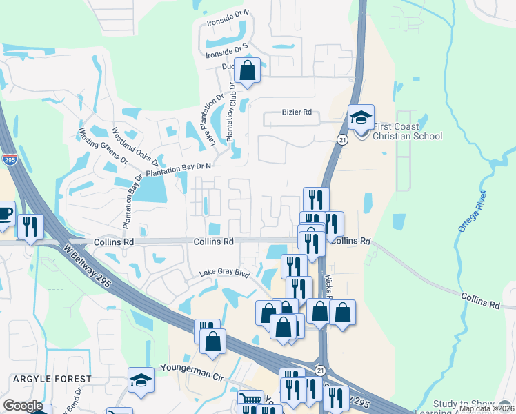 map of restaurants, bars, coffee shops, grocery stores, and more near 6221 Collins Road in Jacksonville