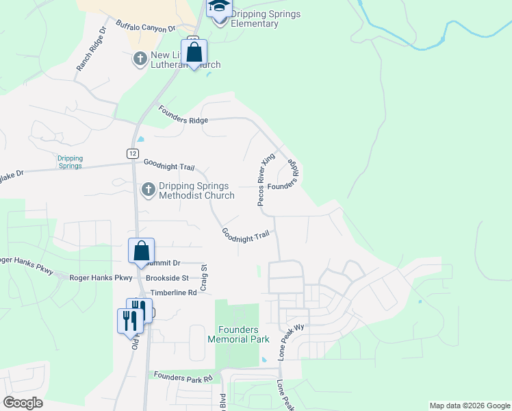 map of restaurants, bars, coffee shops, grocery stores, and more near 176 Shawnee Trail in Dripping Springs