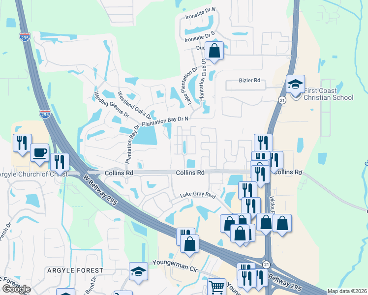 map of restaurants, bars, coffee shops, grocery stores, and more near 6371 Collins Road in Jacksonville