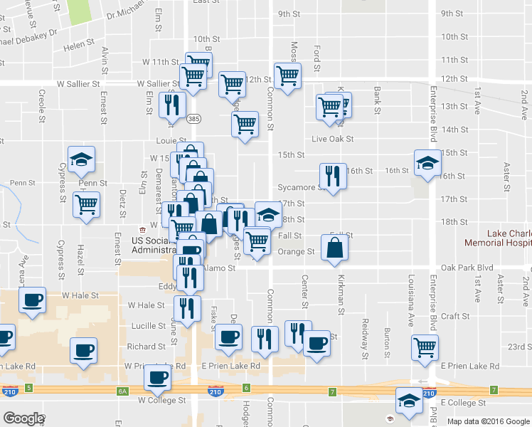 map of restaurants, bars, coffee shops, grocery stores, and more near 2608 Common Street in Lake Charles
