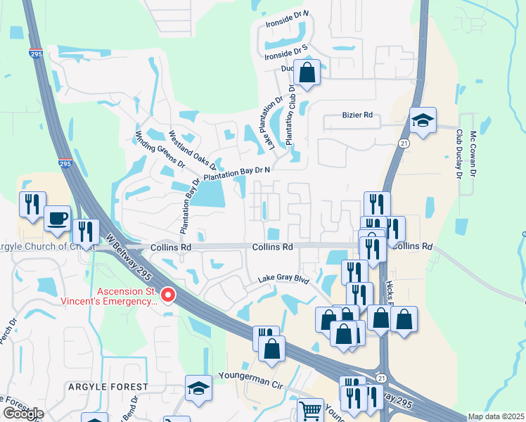 map of restaurants, bars, coffee shops, grocery stores, and more near 6371 Collins Road in Jacksonville