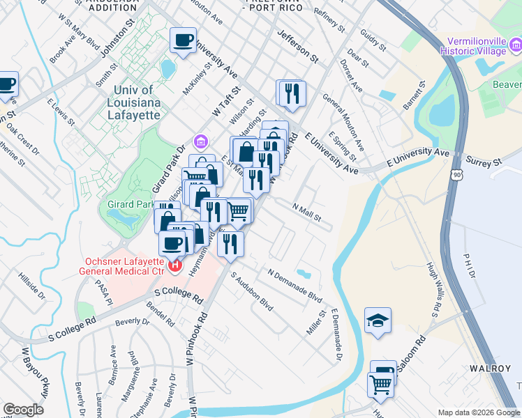 map of restaurants, bars, coffee shops, grocery stores, and more near 117 Bayou Street in Lafayette