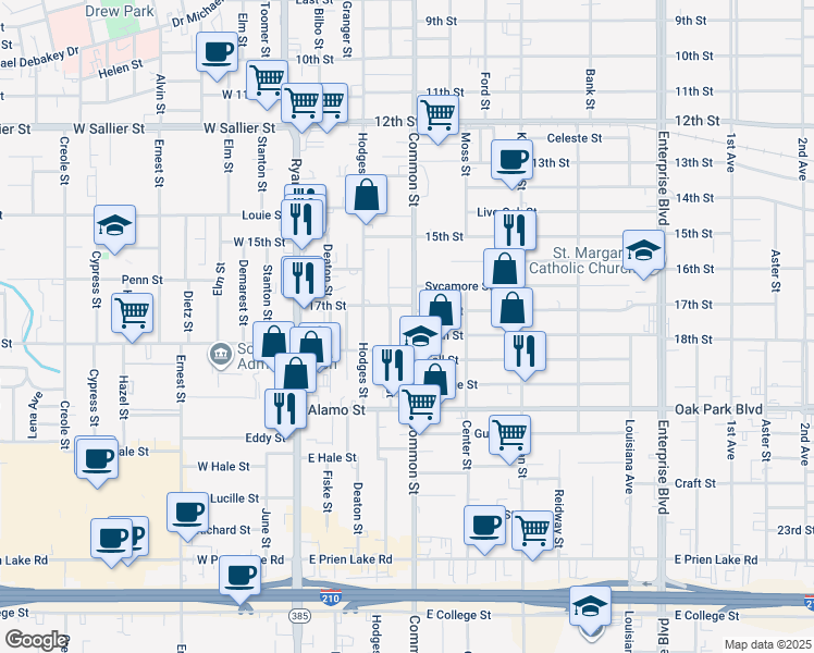 map of restaurants, bars, coffee shops, grocery stores, and more near 571-599 18th Street in Lake Charles