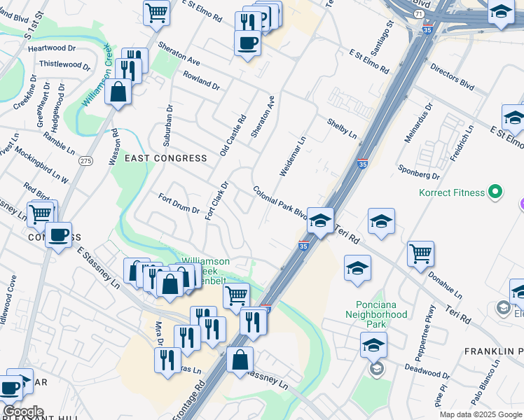 map of restaurants, bars, coffee shops, grocery stores, and more near 5108 Weidemar Lane in Austin