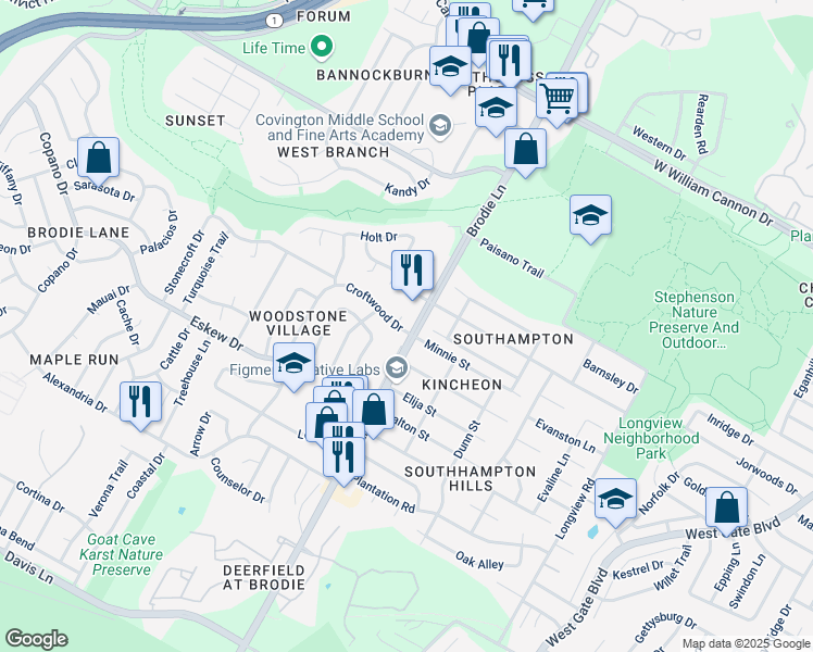 map of restaurants, bars, coffee shops, grocery stores, and more near 7704 Brodie Lane in Austin