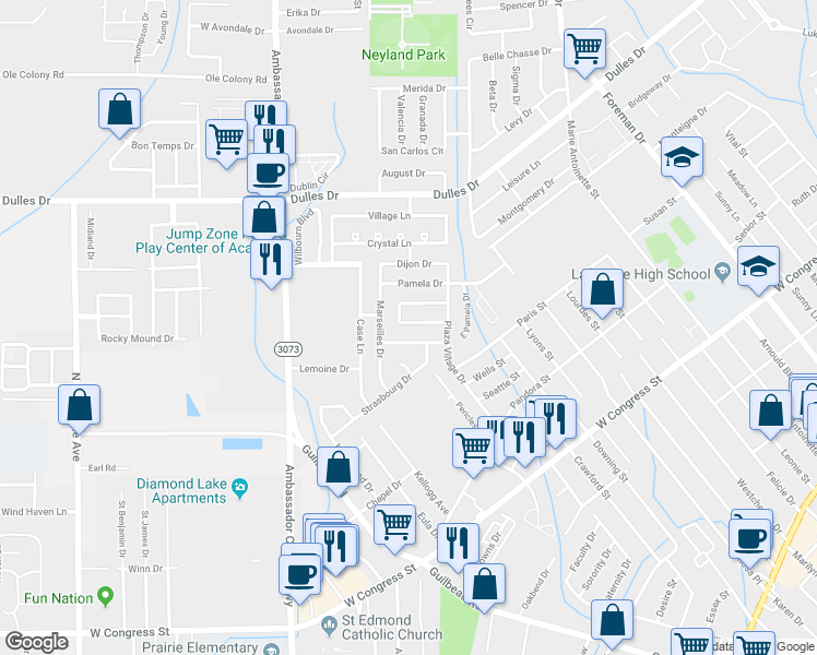 map of restaurants, bars, coffee shops, grocery stores, and more near 115 Toulouse Drive in Lafayette