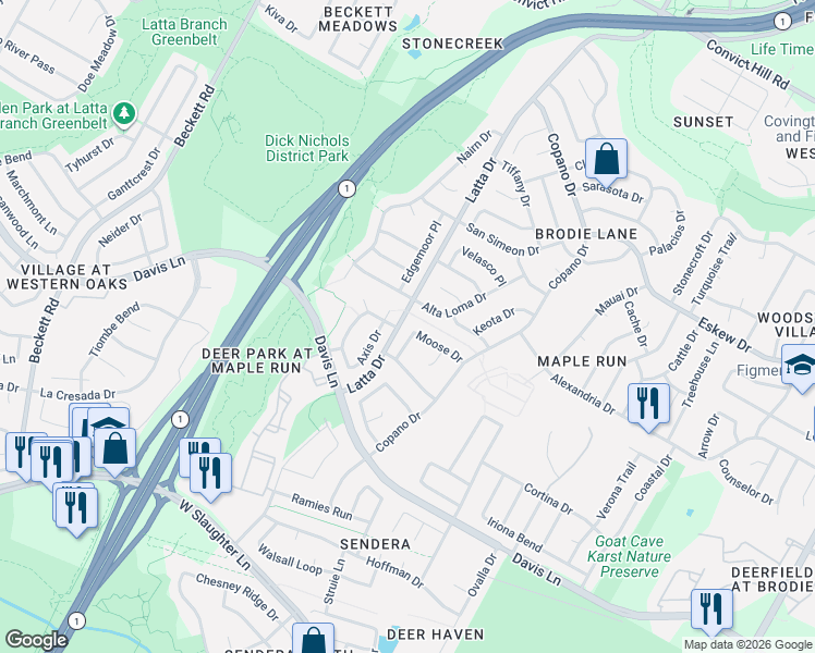 map of restaurants, bars, coffee shops, grocery stores, and more near 8505 Aoudad Trail in Austin