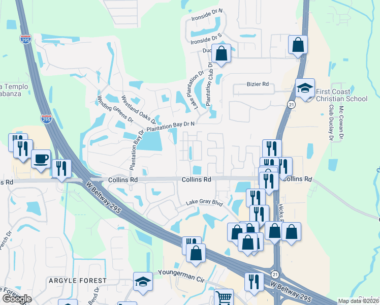 map of restaurants, bars, coffee shops, grocery stores, and more near 6371 Collins Road in Jacksonville