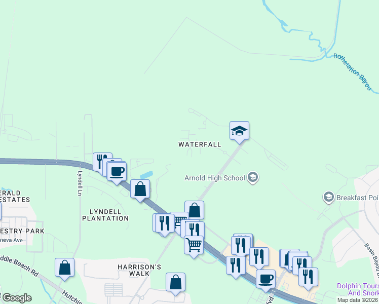 map of restaurants, bars, coffee shops, grocery stores, and more near 101 Enchantment Falls Lane in Panama City Beach